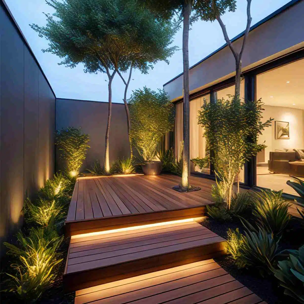 Wooden deck with recessed lights